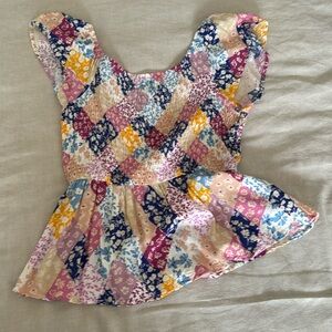 Multi colored patchwork scoopneck smocked peasant top